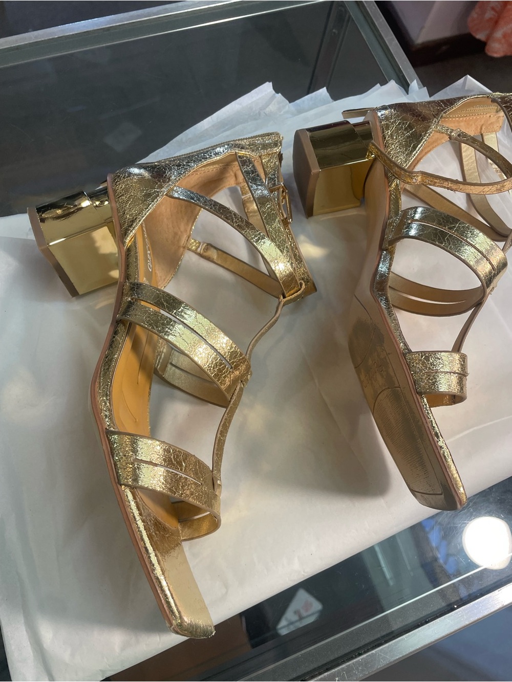 Franco Sarto Gold Metallic Strappy Block Heel Sandals - Picture 7 of 9